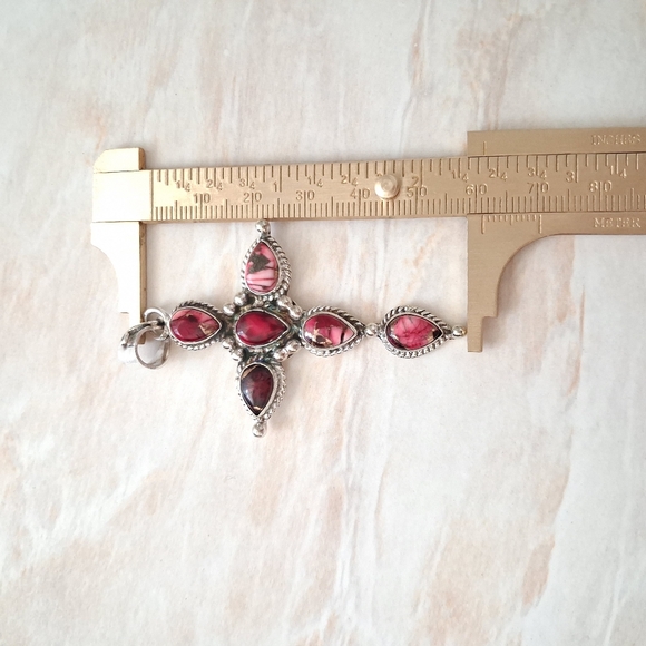 Artisan Handmade Red Rose Dahlia Turquoise 925 Sterling Silver Cross Pendant - Picture 4 of 5